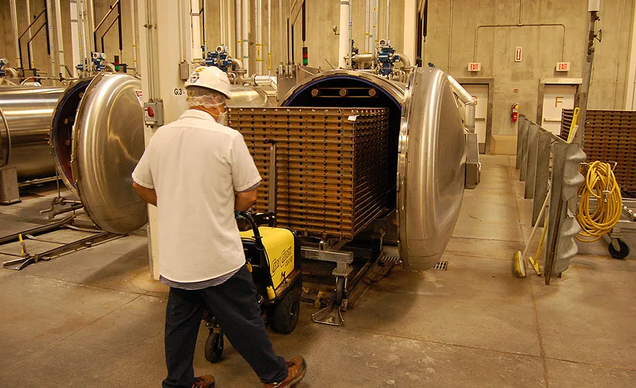 Hormel Vital Cuisine meals are loaded into a retort machine at the Progressive Processing plant