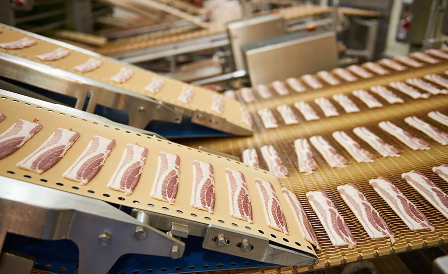 Bacon strips on a conveyor