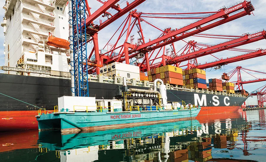 Port of Long Beach supports the Advanced Maritime Emissions Control System (AMECS), which eliminates at-berth emissions from ships by connecting to exhaust stacks and filtering that exhaust with a “clean air barge.”