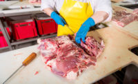 An employee wears sanitized apparel in a meat plant