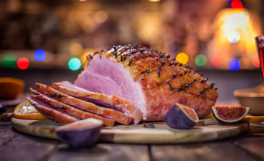 Holiday Ham with Christmas Lights in the Background