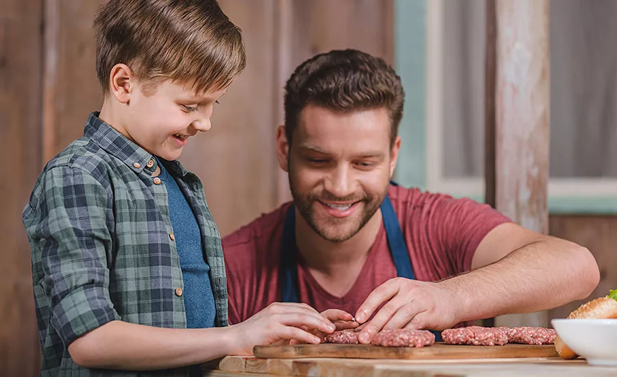 Dad and Son Make Burger Patties at Home