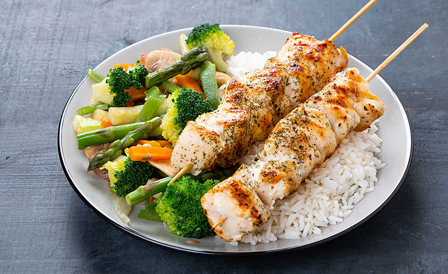 Chicken Kabobs with Rice and Vegetables