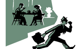 Cartoon of Couple Dining and Businessman Running