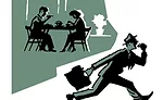 Cartoon of Couple Dining and Businessman Running