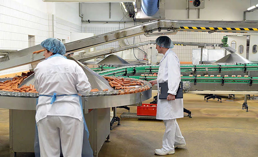 Workers at Hot Dog Processing Line