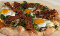 bacon, egg, veggie pizza