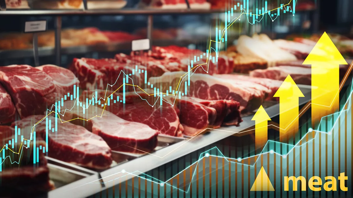 Digital economic graph with three yellow arrows on the lower right hand corner pointing up and a yellow triangle next to the word "meat", the background is a shelf full of steak.