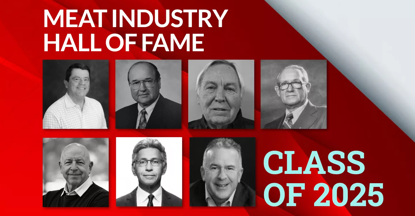 Graphic of the Meat Industry Hall of Fame 2025 inductees. Severn black and white images, red and white background.