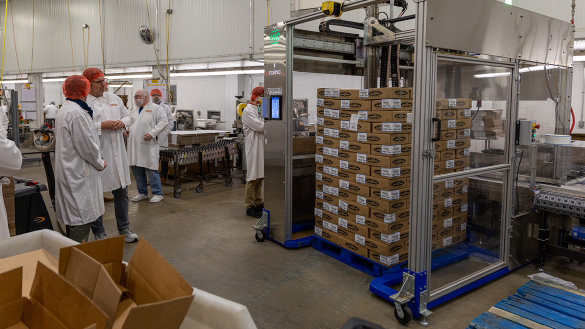 Automated Formic equipment stacks packaged products at Land O’Frost’s Lansing, Illinois, facility