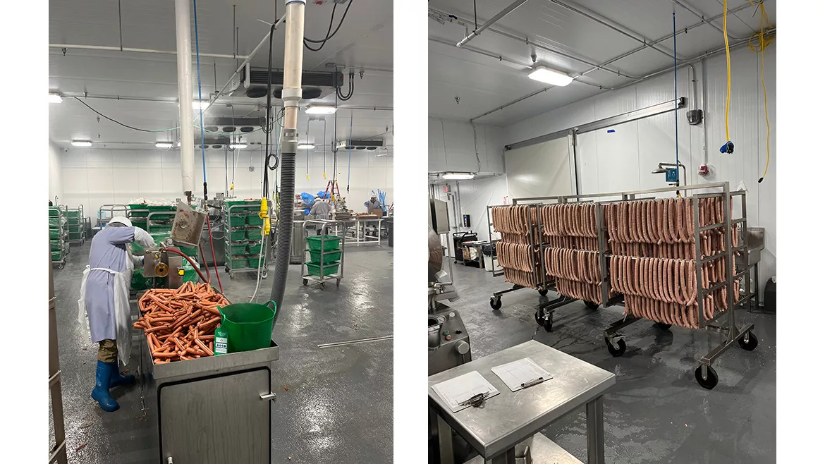 On the left: Worker in a food processing plant operates machinery, surrounded by finished sausages. On the right: Raw sausages hanging on racks in a food processing plant.