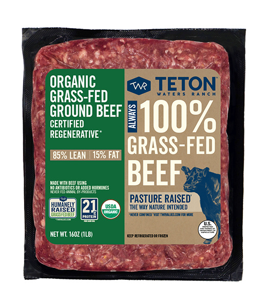 Package of Teton 100% Grass-fed Beef Burgers on a white background.