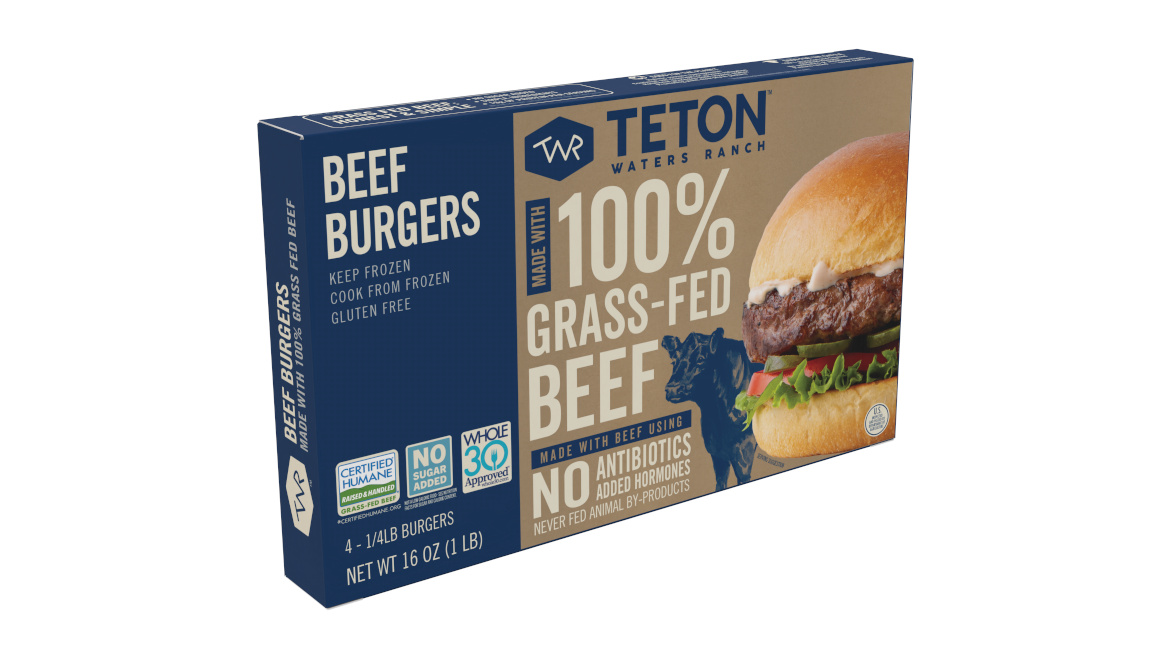 A package of Teton Organic Gress-fed Ground Beef on a white background.