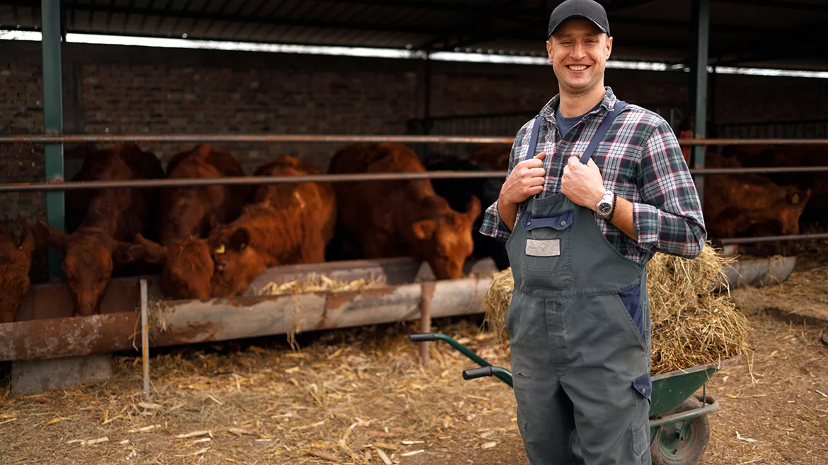 A smiling farmer posing in front of a pen full of brown cows.