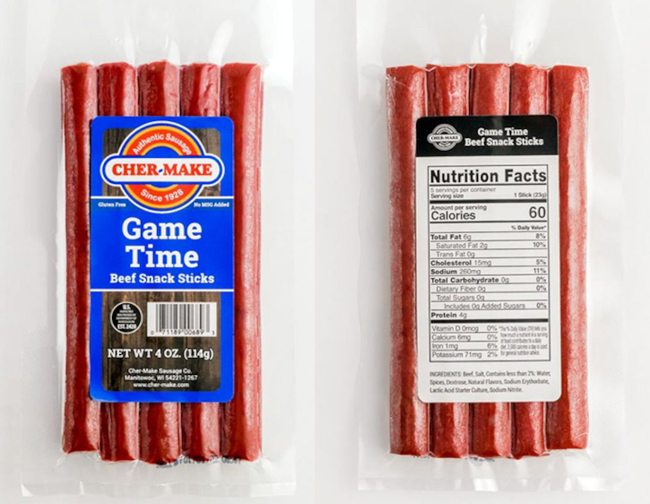 The front and back of a packaged Lakeside Foods CHER-MAKE Game Time Beef Snack Sticks.
