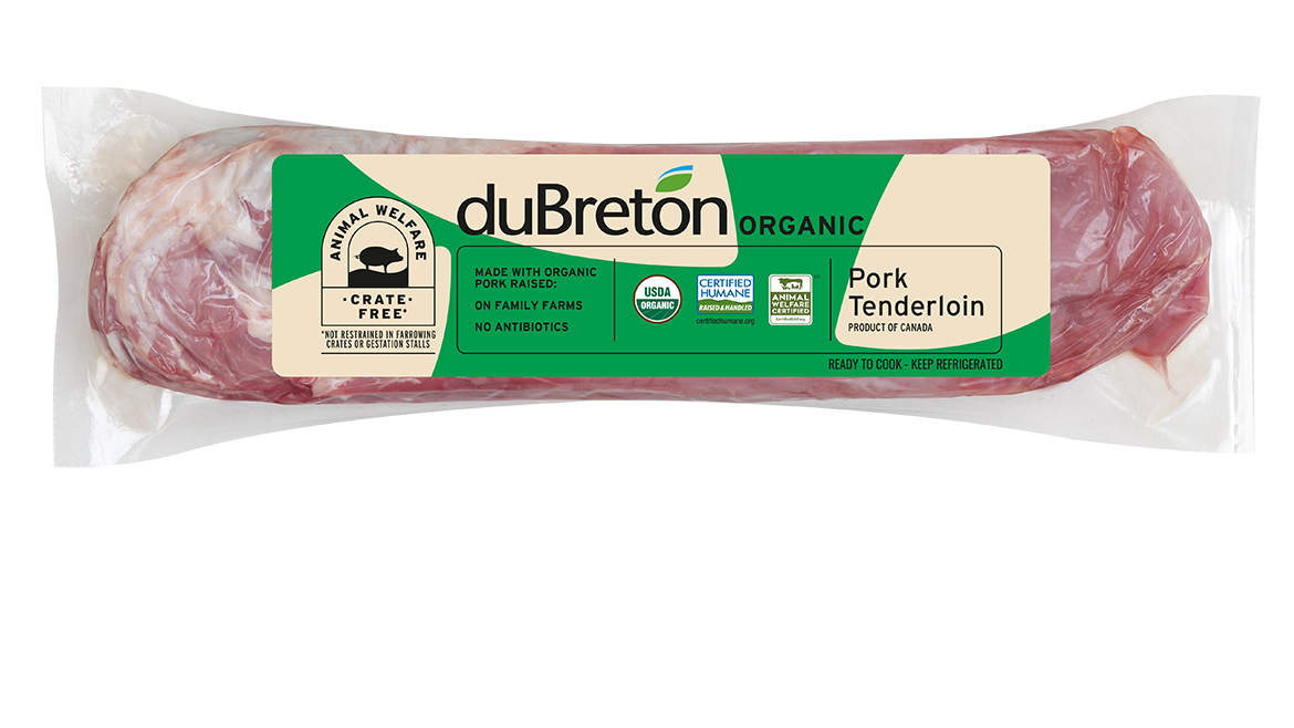 A duBreton organic pork tenderloin on a white background.
