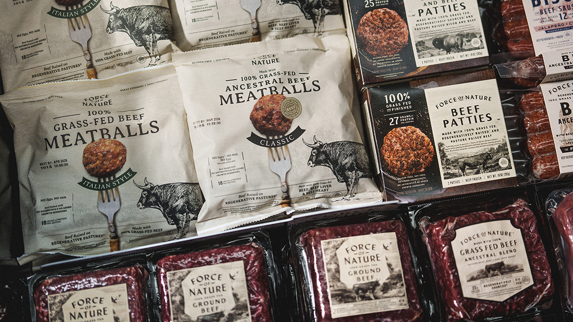 Force of Nature Meats 100% grass-fed beef products (left to right): 'Italian Style' meatballs, Ancestral beef 'Classic' meatballs, and finished beef patties.