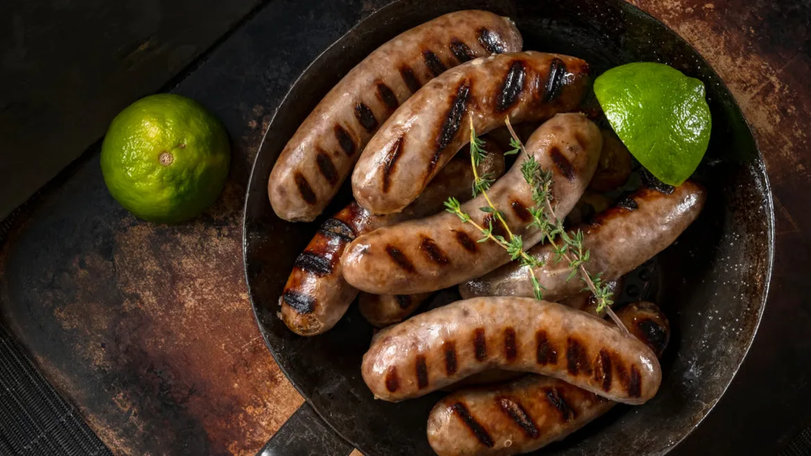 Grilled sausages Overhead view of grilled sausages in a skillet with thyme sprigs and lime wedges.