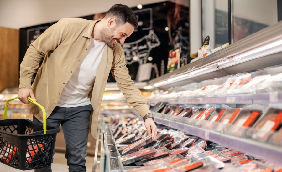 A smiling man carrying a grocery basket is reaching down to pick up a package of meat in a grocery store.