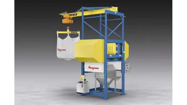 Flexicon bulk bag discharger with integral conditioner and bag dump station
